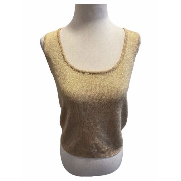 St. John Womens Gold Metallic Scoop Neck Pullover Knit Tank Sweater Size Small - Picture 2 of 7